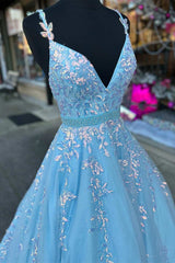 Prom Dresse Backless, Light Blue Appliques V-Neck Belted A-Line Prom Dress