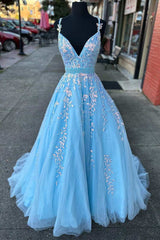 Prom Dresses Blue Long, Light Blue Appliques V-Neck Belted A-Line Prom Dress
