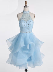 Prom Dress A Line, Light Blue Beaded Layers Knee Length Party Dress, Blue Homecoming Dress Short Prom Dress