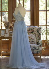 Party Dress Inspiration, Light Blue Tulle V-neckline Straps with Lace Long Party Dress, Blue A-line Prom Dress
