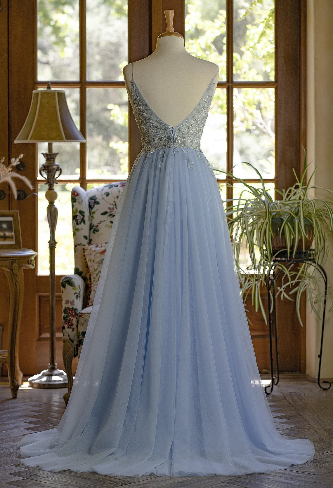 Party Dress Trends, Light Blue Tulle V-neckline Straps with Lace Long Party Dress, Blue A-line Prom Dress