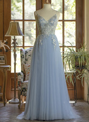 Party Dress Styles, Light Blue Tulle V-neckline Straps with Lace Long Party Dress, Blue A-line Prom Dress