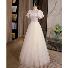 90 Prom Dress, Light Champagne Tulle with Light Pink Satin Prom Dress, A-line Long Formal Dress