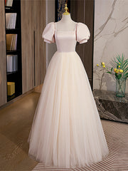 Ruffle Dress, Light Champagne Tulle with Light Pink Satin Prom Dress, A-line Long Formal Dress