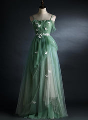 Prom Dress Elegent, Light Green Gradient Straps Long A-line Prom Dress, Evening Dress Party Dresses