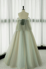 Prom Dress Champagne, Light Green Off Shoulder Tulle with Lace Long Prom Dress, A-line Green Party Dress