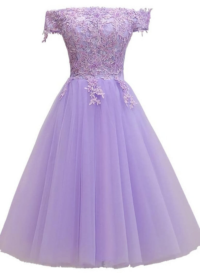 Party Dress Online, Light Purple Lace And Tulle Off The Shoulder Homecoming Dress