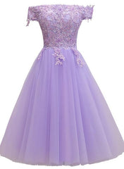 Party Dress Online, Light Purple Lace And Tulle Off The Shoulder Homecoming Dress