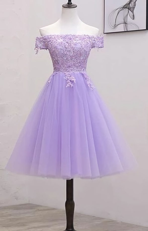 Bachelorette Party Outfit, Light Purple Lace And Tulle Off The Shoulder Homecoming Dress, Short Party Dress