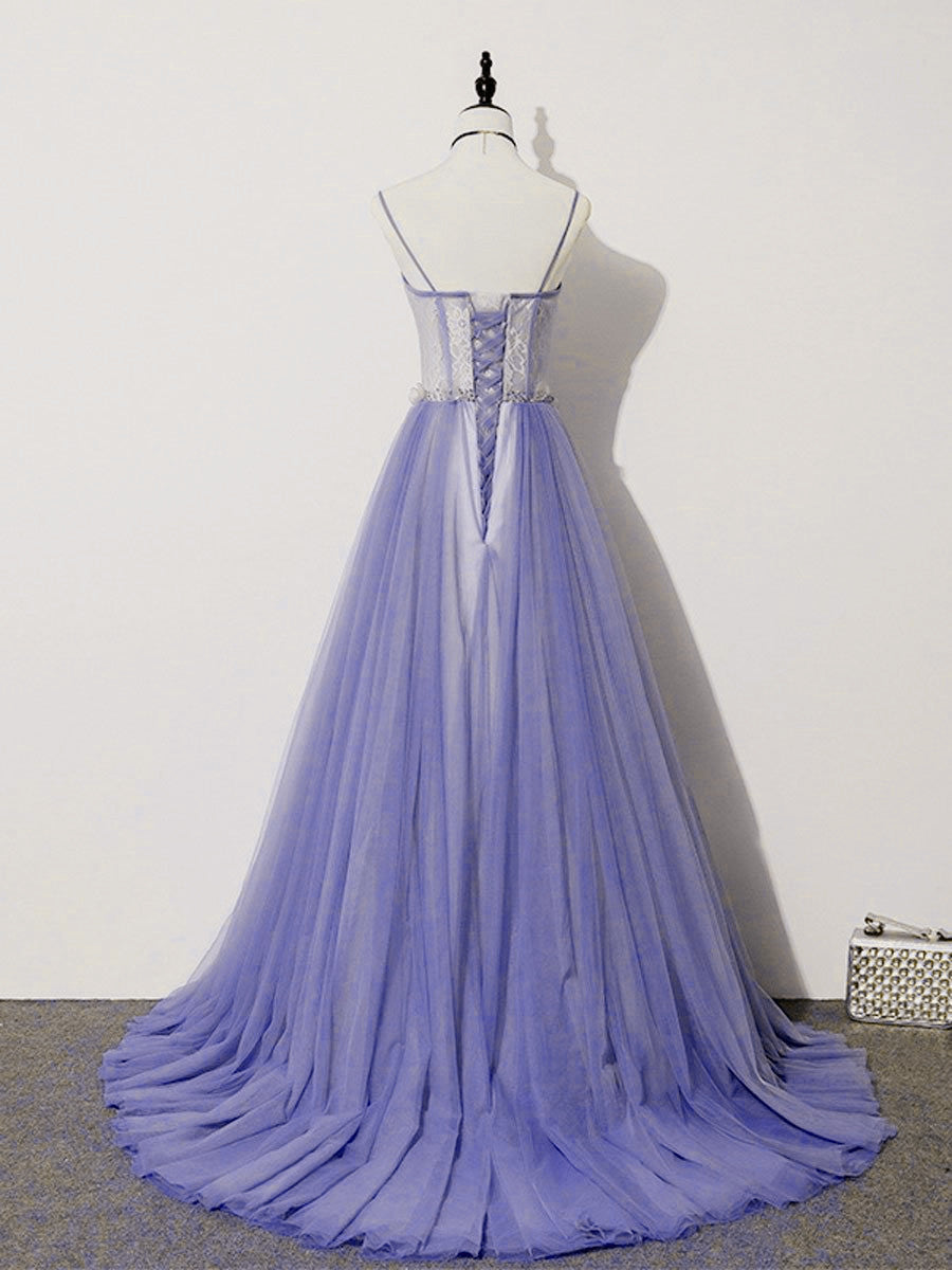 Prom Dresses Backless, Light Purple Lace Top and Tulle A-line Straps Evening Dress Formal Dress, Purple Prom Dress