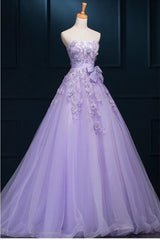 Prom Dress Idea, Light Purple Tulle Long Sweet 16 Dress with Bow, Lace Applique Purple Prom Dress Party Dress