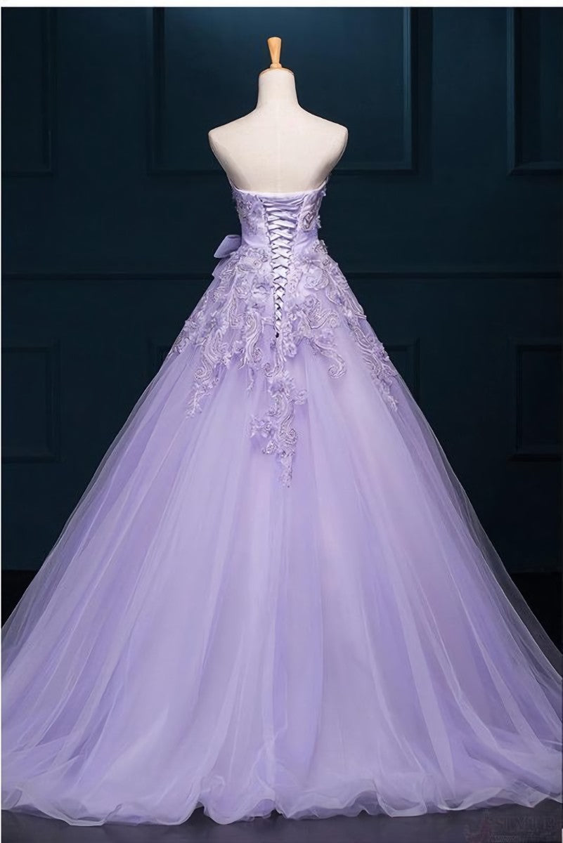 Prom Dress Fabric, Light Purple Tulle Long Sweet 16 Dress with Bow, Lace Applique Purple Prom Dress Party Dress