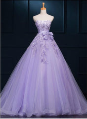 Prom Dress 2021, Light Purple Tulle Long Sweet 16 Dress with Bow, Lace Applique Purple Prom Dress Party Dress