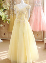Bridesmaid Dresses Hunter Green, Light Yellow Tulle Cap Sleeves with Lace Applique Prom Dress, Yellow Long Evening Dress