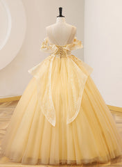 Wedding Invitations, Light Yellow Tulle with Beadings and Lace Party Dress, Yellow Tulle Prom Dress