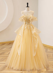 Bridesmaids Dresses Long Sleeves, Light Yellow Tulle with Beadings and Lace Party Dress, Yellow Tulle Prom Dress