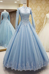 Short Dress Style, Gorgeous High Neck Long Sleeves Puffy Prom Dress, Light Blue Long Evening Dress