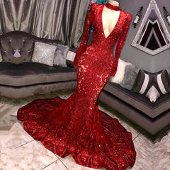 Long Sleeves V-neck Mermaid Prom Dress Sequins Long Chiffon Red Royal Blue