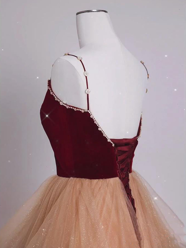Party Dress Stores, Lovely Champagne Tulle and Wine Red Velvet Straps Prom Dress, A-line Long Party Dress