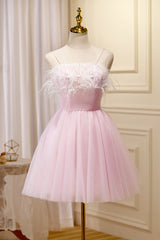 Lace Dress, Lovely Pink Tulle Straps Knee Length Party Dresses, Pink Short Prom Dresses