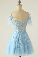 Senior Prom Dress, Modest Light Blue Appliques A-Line Short Homecoming Dresses