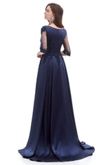 Prom Dress Sales, Navy Blue Satin V-neck Short Sleeve Beading Prom Dresses