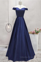 Satin Prom Dress, Off Shoulder Blue Satin Long Prom Dress, Off Shoulder Blue Formal Dress, Blue Evening Dress