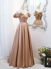 Bridesmaid Dress Idea, Off the Shoulder Champagne Satin Prom Dresses, Champagne Long Formal Evening Dresses