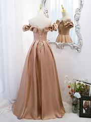 Bridesmaids Dresses Ideas, Off the Shoulder Champagne Satin Prom Dresses, Champagne Long Formal Evening Dresses