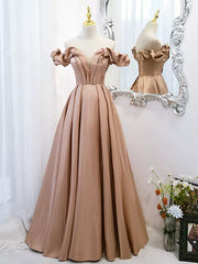 Bridesmaid Dress Inspiration, Off the Shoulder Champagne Satin Prom Dresses, Champagne Long Formal Evening Dresses