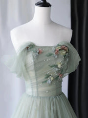 Bridesmaids Dresses Online, Off the Shoulder Green Floral Long Prom Dresses, Green Floral Long Formal Evening Dresses