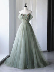 Bridesmaid Dress Design, Off the Shoulder Green Floral Long Prom Dresses, Green Floral Long Formal Evening Dresses