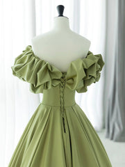 Bridesmaid Dresses Gowns, Off the Shoulder Green Satin Long Prom Dresses, Green Satin Long Formal Evening Dresses
