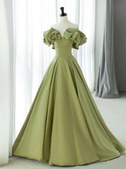 Bridesmaids Dresses Long, Off the Shoulder Green Satin Long Prom Dresses, Green Satin Long Formal Evening Dresses