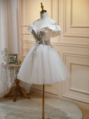 Bridal Bouquet, Off the Shoulder Light Champagne Floral Prom Dresses, Short Champagne Formal Homecoming Dresses