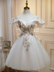 Short Wedding Dress, Off the Shoulder Light Champagne Floral Prom Dresses, Short Champagne Formal Homecoming Dresses