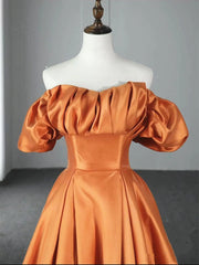 Prom Dresses Yellow, Off the Shoulder Orange Satin Long Prom Dresses, Orange Long Satin Formal Evening Dresses