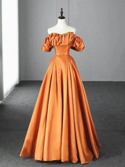 Prom Dresses Burgundy, Off the Shoulder Orange Satin Long Prom Dresses, Orange Long Satin Formal Evening Dresses