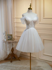 Bridesmaids Dress Floral, Off the Shoulder Short Champagne Tulle Prom Dresses, Short Formal Homecoming Dress
