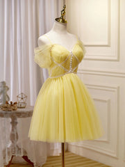 Bridesmaid Dresses For Girls, Off the Shoulder Short Yellow Prom Dresses, Off Shoulder Short Yellow Formal Graduation Dresses