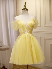 Bridesmaid Dress For Girls, Off the Shoulder Short Yellow Prom Dresses, Off Shoulder Short Yellow Formal Graduation Dresses