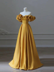 Bridesmaid Dresses Dark, Off the Shoulder Yellow Long Prom Dresses, Yellow Off Shoulder Long Formal Evening Dresses