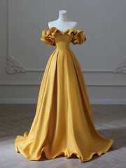 Bridesmaid Dress Champagne, Off the Shoulder Yellow Long Prom Dresses, Yellow Off Shoulder Long Formal Evening Dresses