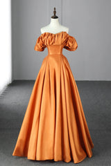 Prom Dresses 2023, Orange Satin A-Line Floor Length Prom Dress, Off the Shoulder Evening Party Dress