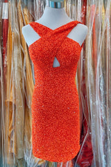 Evening Dresses Dresses, Orange Sequins Cross Front Bodycon Mini Party Dresses