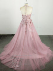 Prom Dresses With Slit, Pink High Neck Tulle Lace Applique Long Prom Dress, Pink Evening Dress