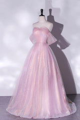 Prom Dress Spring, Pink Tulle and Sequins Sweetheart Long Party Dress, A-line Pink Prom Dress