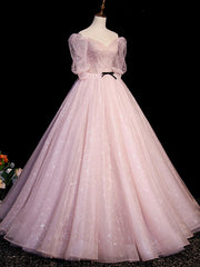 Formal Dresses For Weddings Near Me, Pink Tulle Short Sleeves Ball Gown Long Formal Dresses, Pink Evening Dresses
