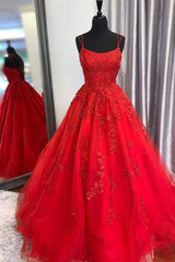 Evening Dress Open Back, Princess Straps Long Prom Dress with Lace Appliques,Evening Gowns