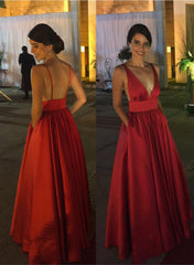 Prom Dresses V Neck, Charming A-Line/Princess Red Sweetheart Satin 2024 Prom Dresses